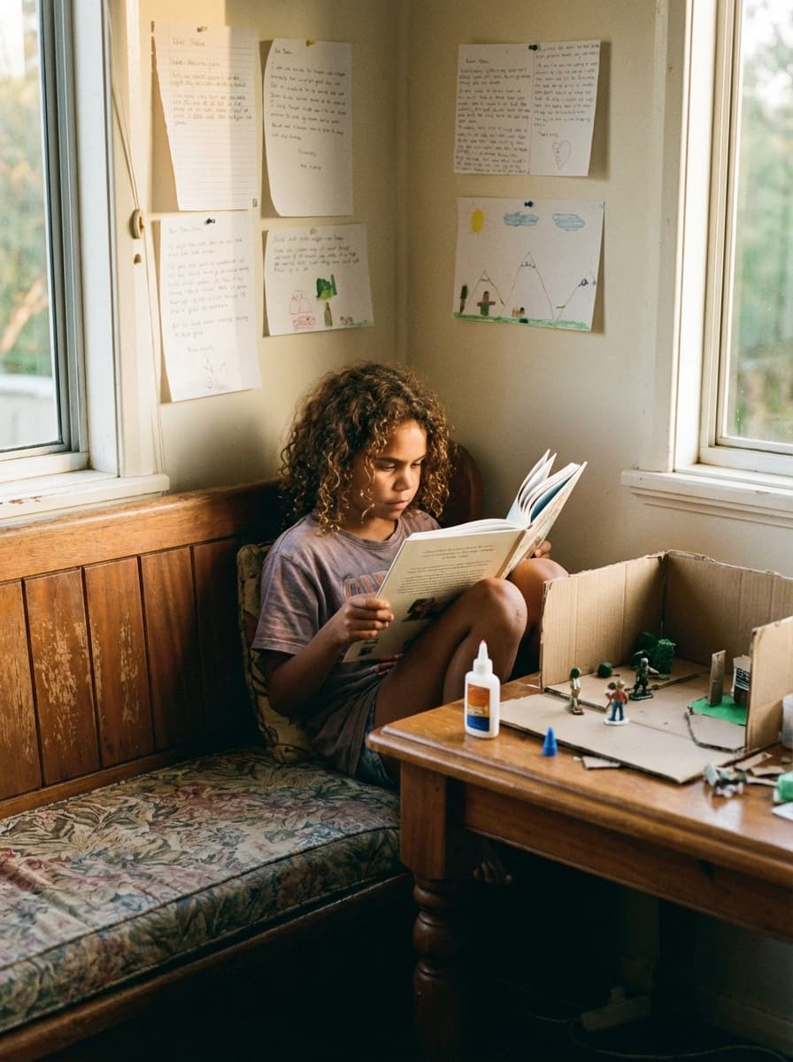 Child in focused reading session